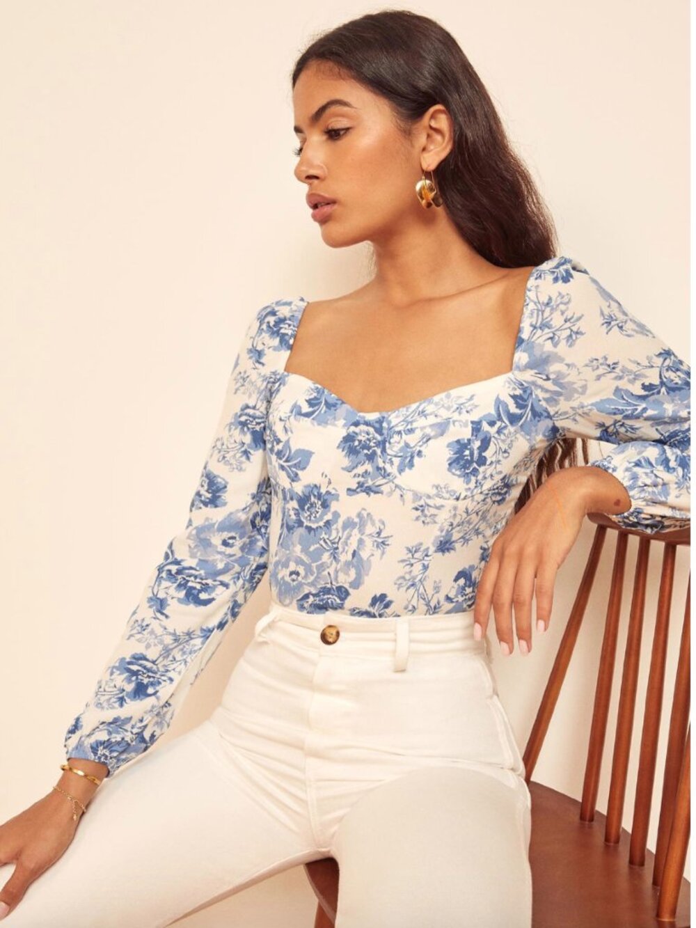 Reformation Blue White Olympia Printed Long Sleeve Reign Top